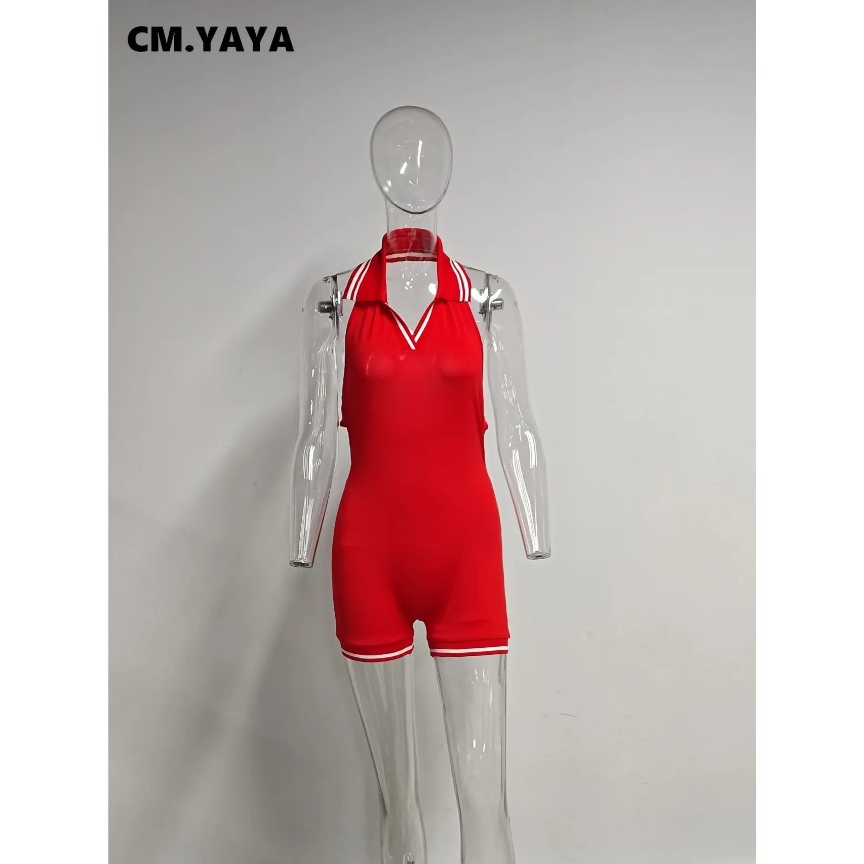 Women Knitted Sleeveless V-neck Backless Short Jumpsuits Street 2025 Summer Striped One Piece Suit Romper Playsuits Red