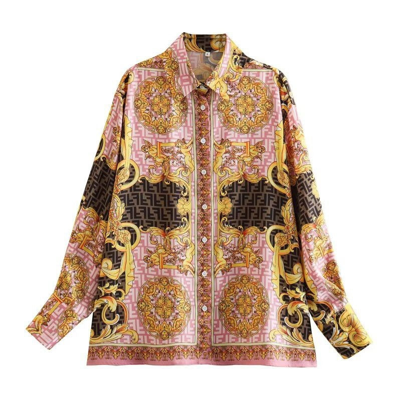 Retro Flower Printed Blazer Suits For Women Spring OL Casual Long Sleeve Jacket Wide-Leg Pants Female Trendy 2 Piece Sets Outfit 03 brown shirt