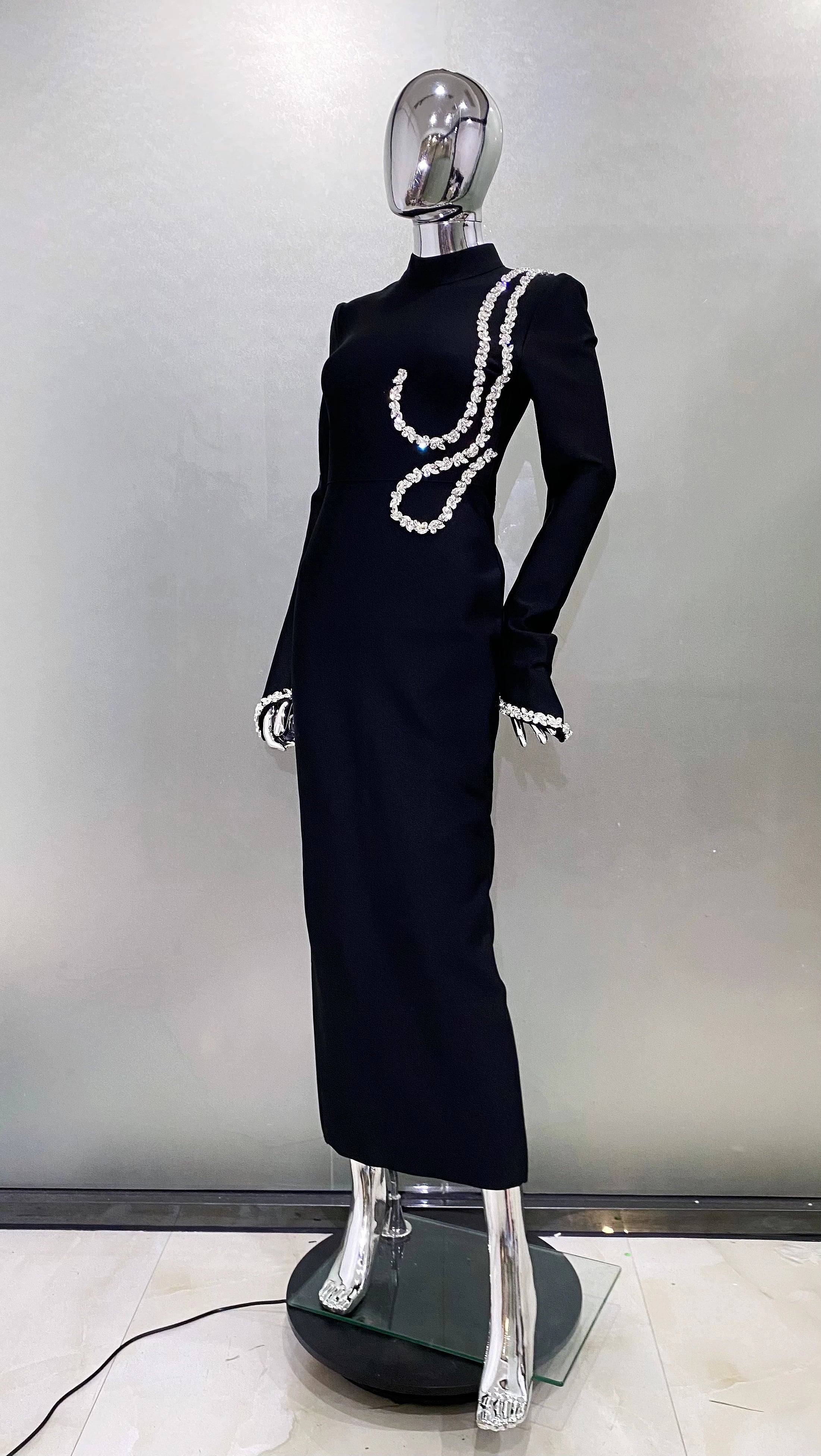 Shining Diamonds Half High Collar Black Long Bandage Dress Elegant Woman Evening Party Dress Cocktail Party Outfit