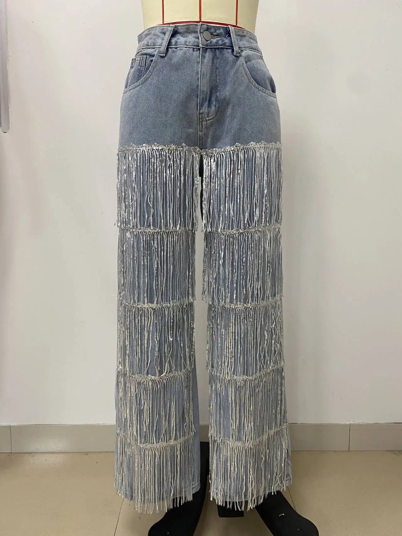 Women Sequins Tassel Wide Leg Blue Denim Pants 2025 Summer Streetwear Party Vintage High Waist Jeans Trousers
