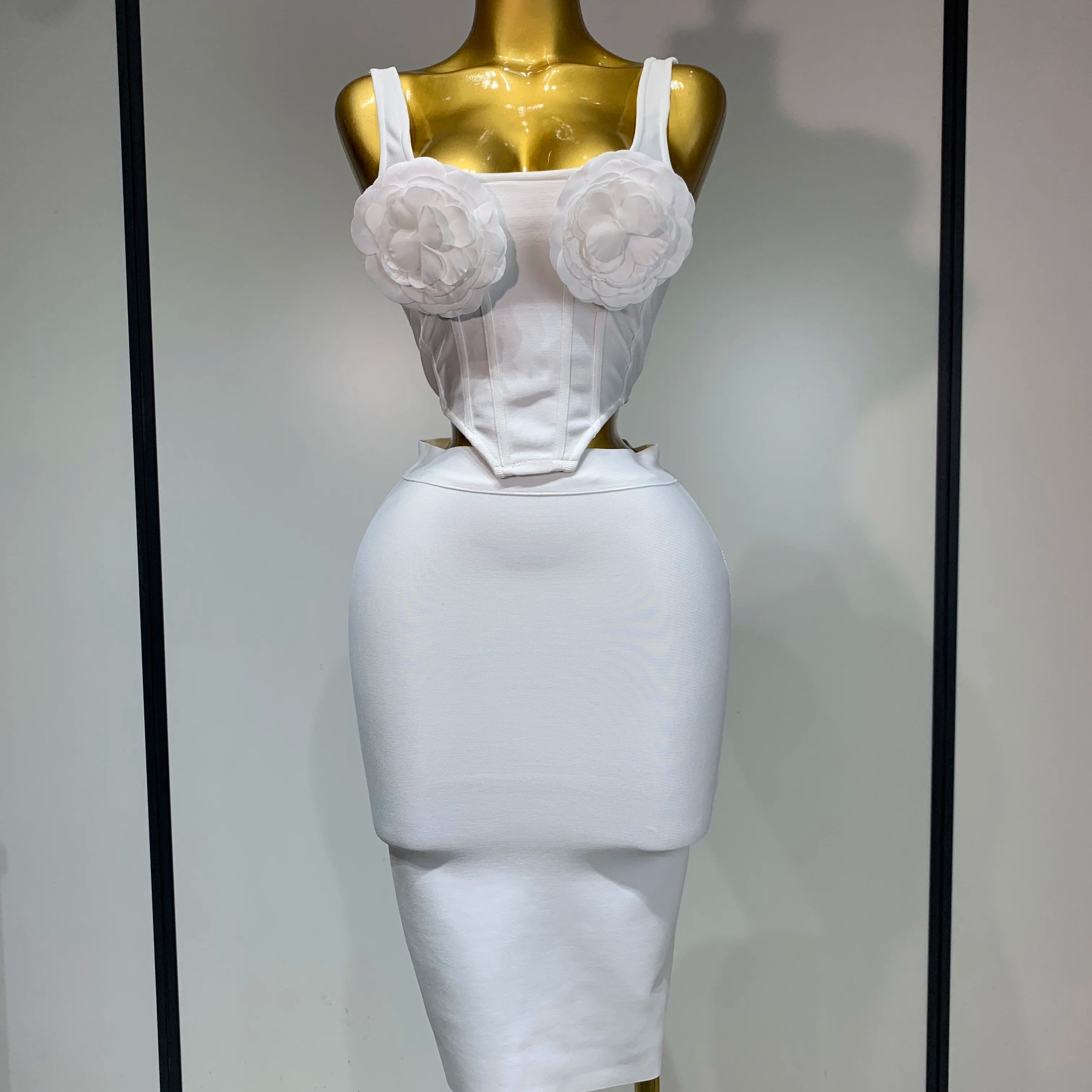 Women Sexy Square Collar Backless Flower Bandage Two Piece Set 2025 Knitted Elegant Evening Club Party Clothing WHITE