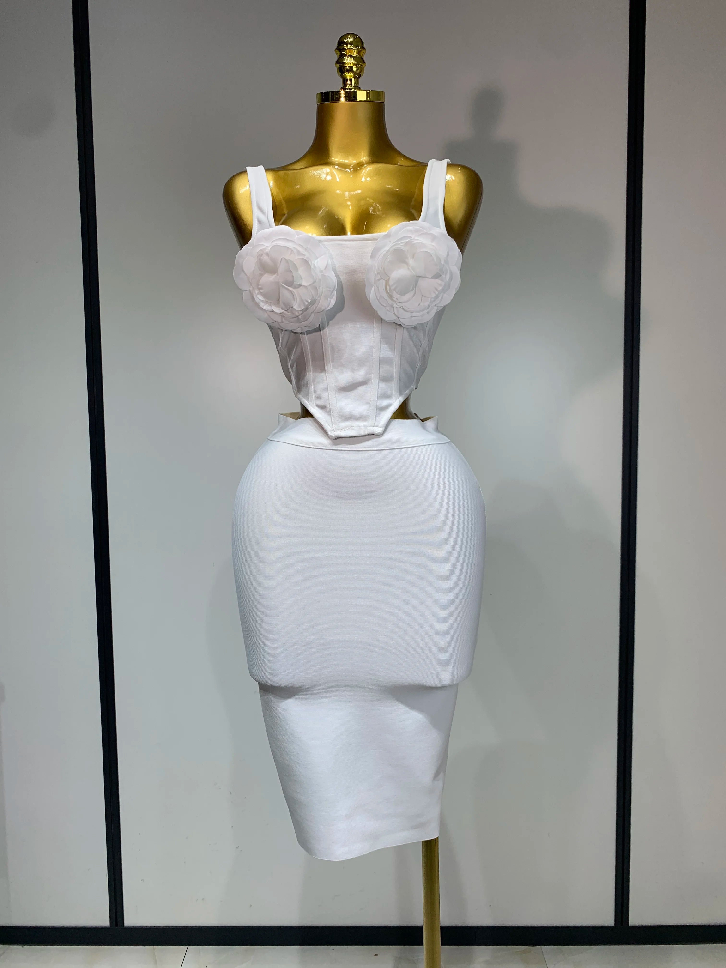 Women Sexy Square Collar Backless Flower Bandage Two Piece Set 2025 Knitted Elegant Evening Club Party Clothing WHITE