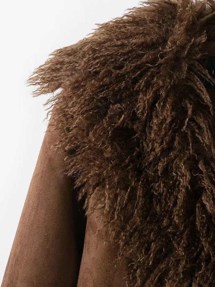 Women 2025 Autumn Winter New Solid Faux Fur Jackets Women Fashion Lapel Plush Coat Slim Elegant Patchwork Brown Short Coats