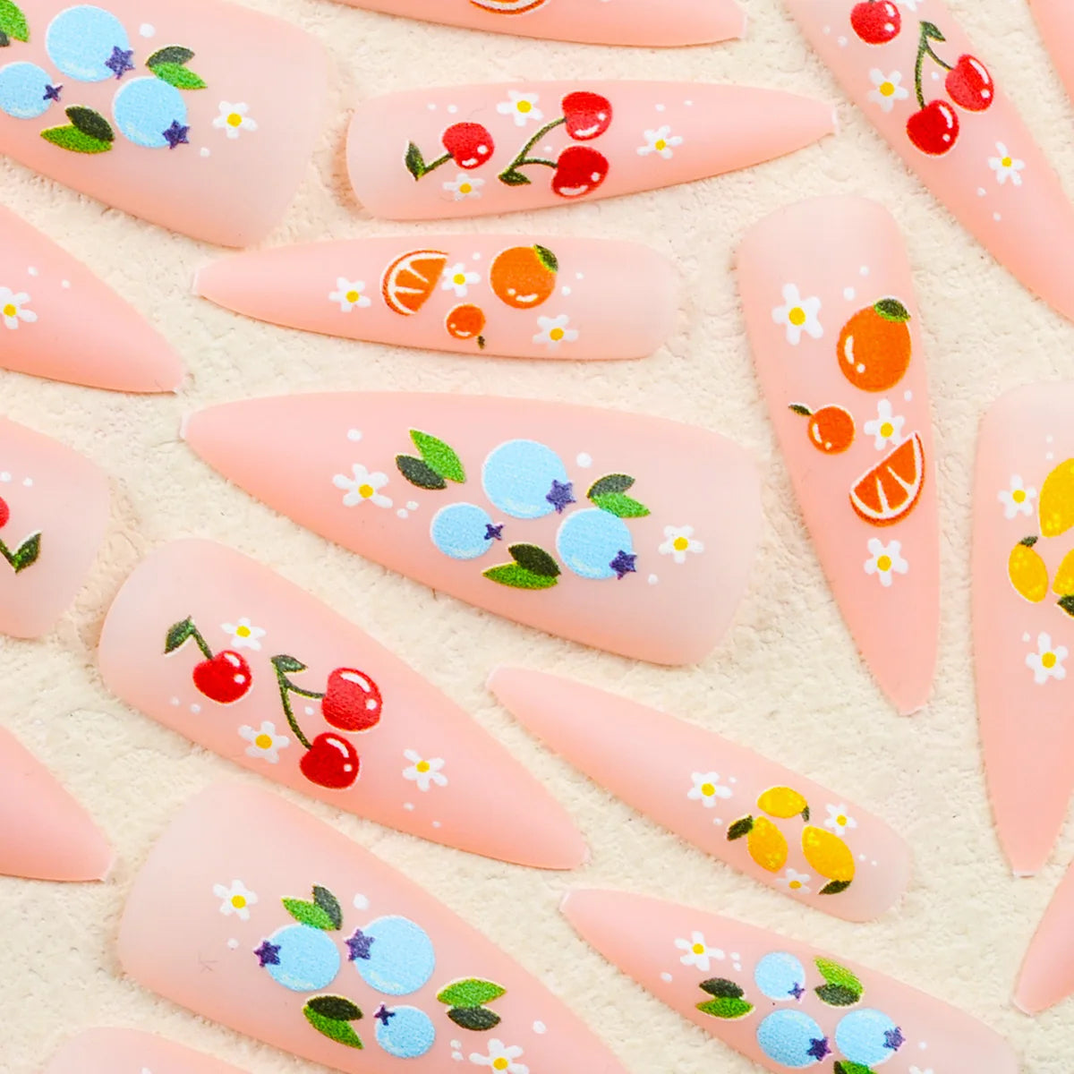 24pcs Pink Frosted Sweet False Nails Colorful Fruit Printed Long Stiletto Press On Nails Full Cover Charming Dopamine Fake Nail