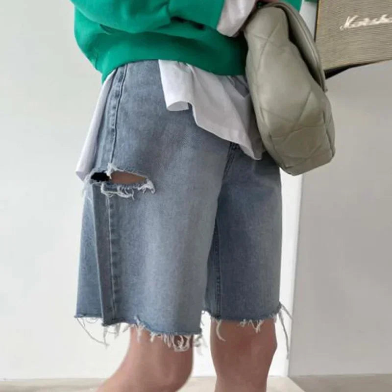 Ripped Jeans for Women New High Waisted Streetwear Vintage Chic Baggy Casual Y2k Jeans Korean Fashion Wide Leg Denim Shorts Blue