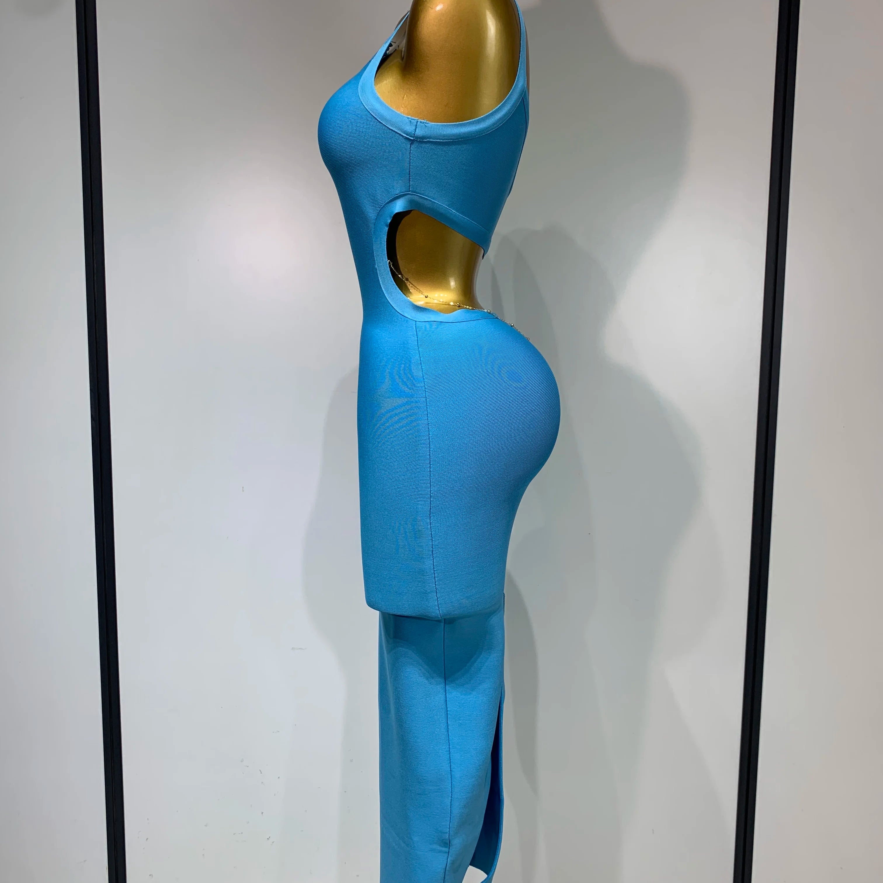 Luxury Birthday Dress Women Blue Bodycon Bandage Dress One Shoulder Sleeveless Backless Dress Cocktail Evening Party Vestidos