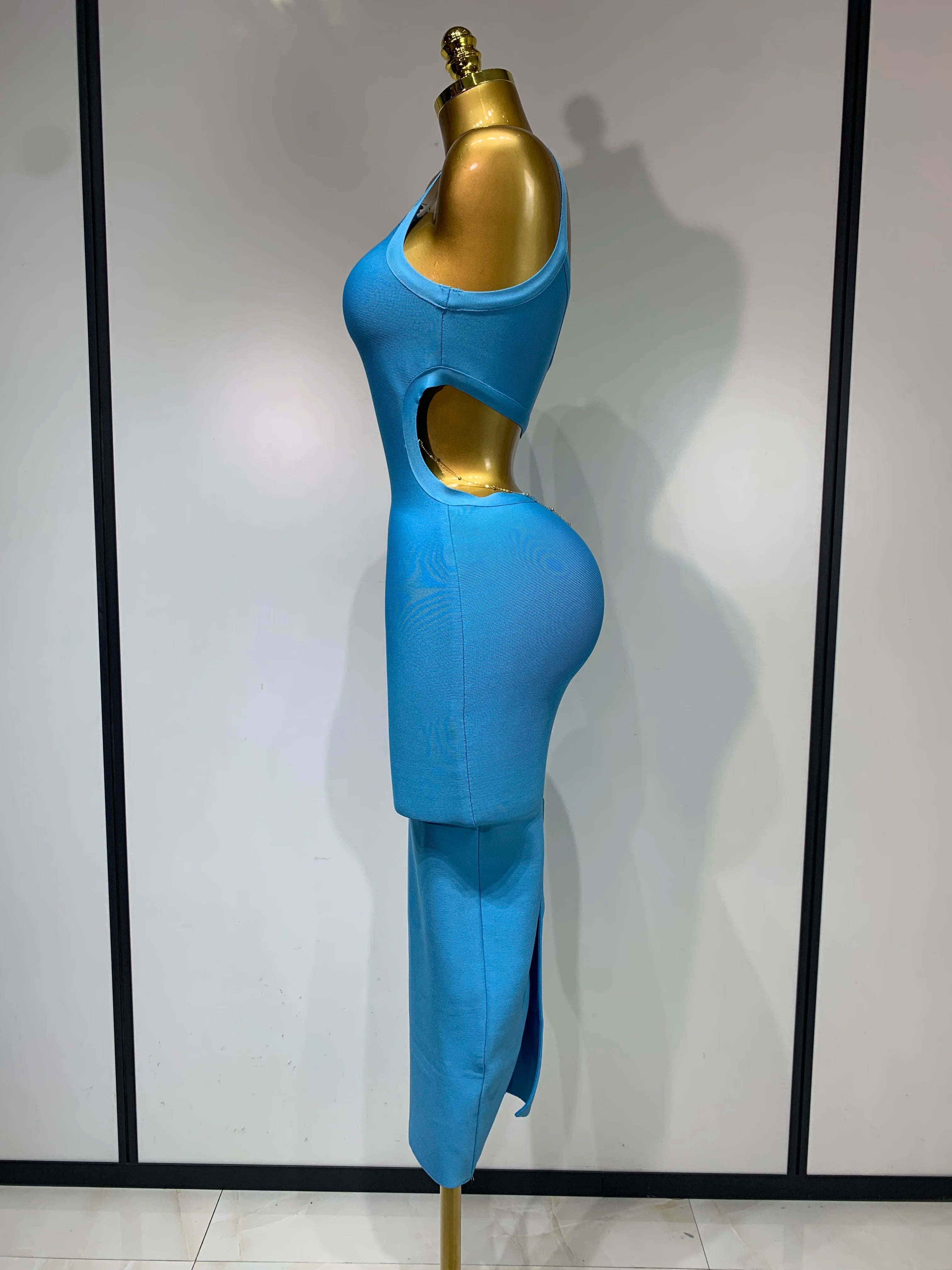 Luxury Birthday Dress Women Blue Bodycon Bandage Dress One Shoulder Sleeveless Backless Dress Cocktail Evening Party Vestidos