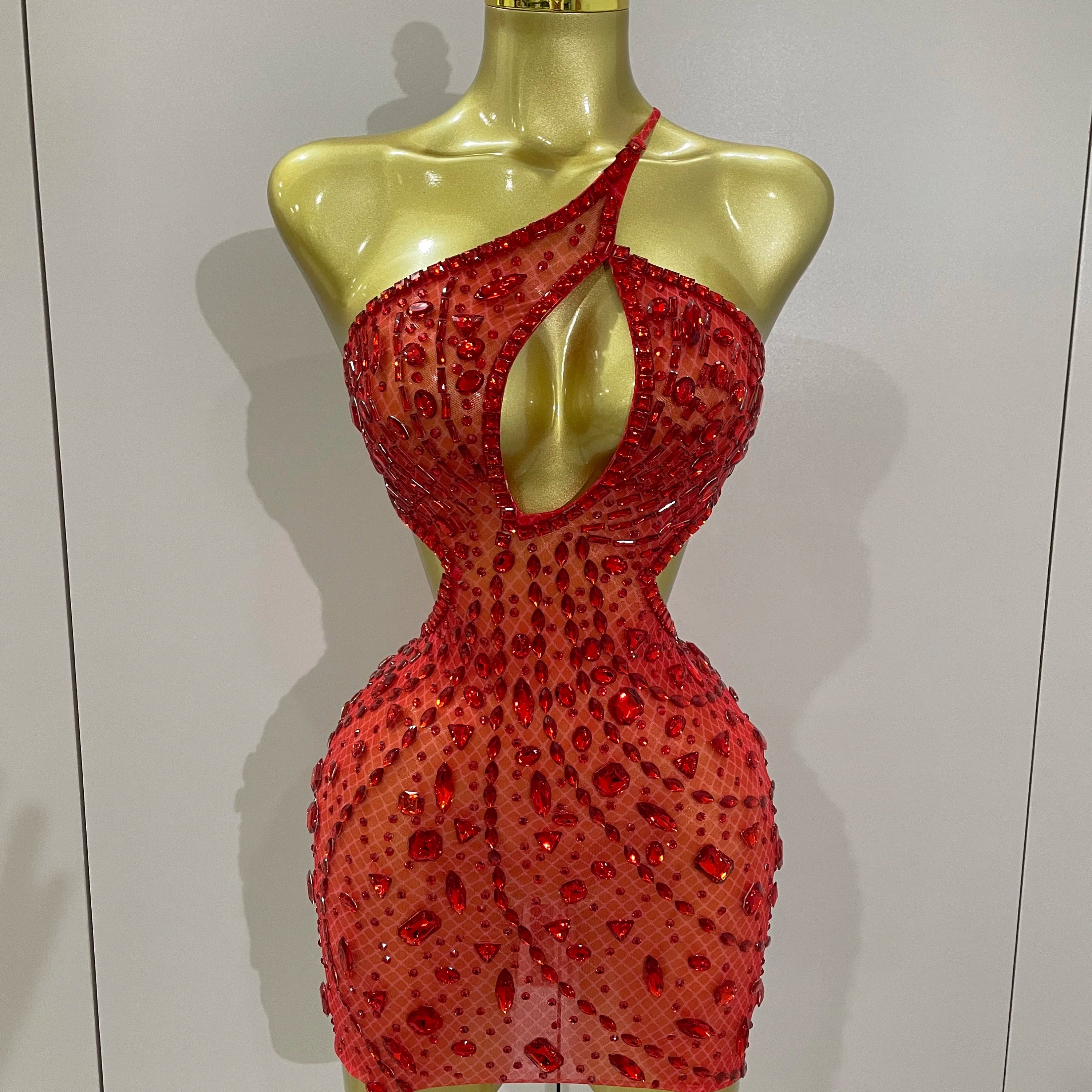 Stock Women Sparkly Big Crystal Sexy Off the Shoulder Mesh See Through Mini Dress Nightclub Party Celebrate Birthday Dress Red