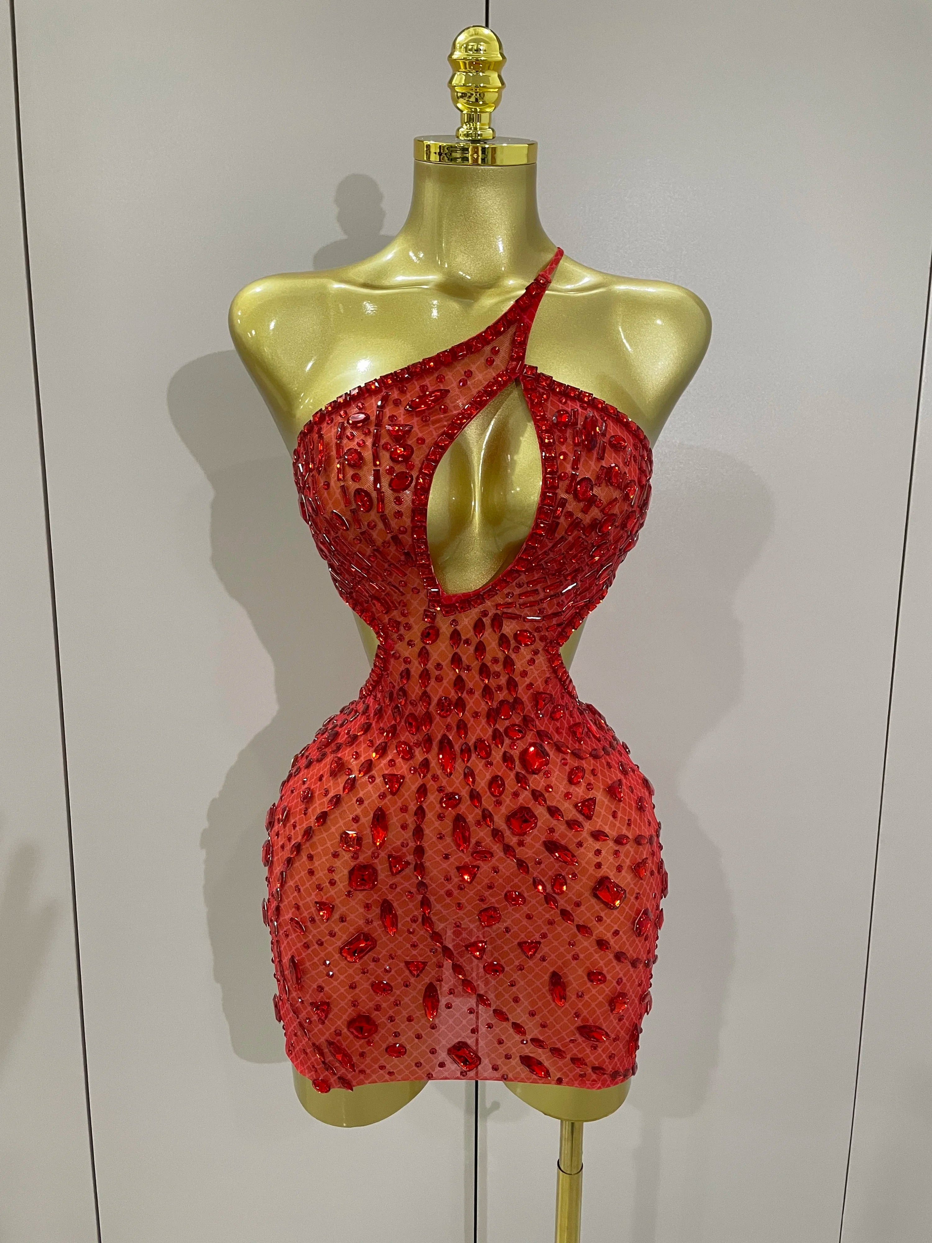 Stock Women Sparkly Big Crystal Sexy Off the Shoulder Mesh See Through Mini Dress Nightclub Party Celebrate Birthday Dress Red