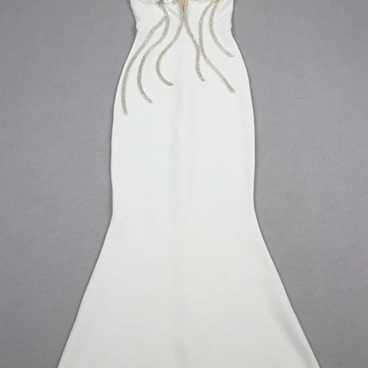 Women Celebrity Sexy Strapless Backless Beading Diamonds White Maxi Long Bandage Dress Elegant Evening Club Party Dress