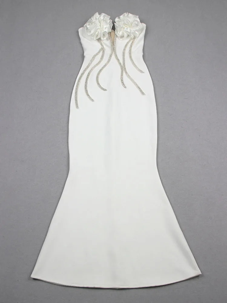 Women Celebrity Sexy Strapless Backless Beading Diamonds White Maxi Long Bandage Dress Elegant Evening Club Party Dress