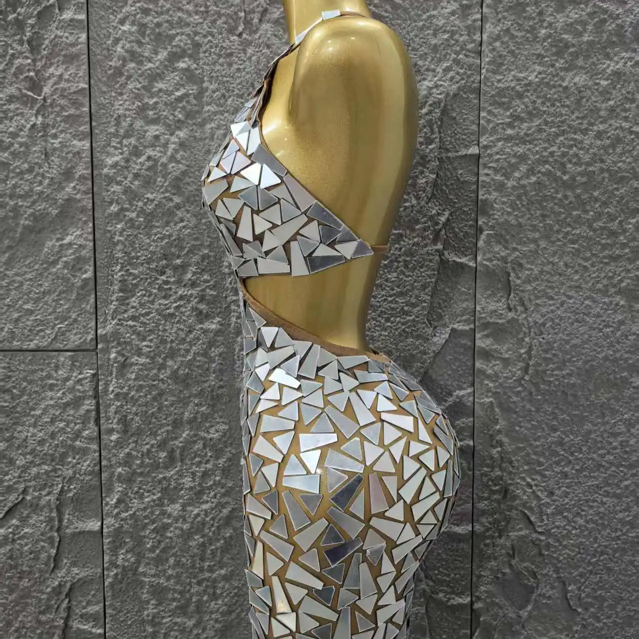 Silver Color Women Sexy One Shoulder Shinning Mirrors Bodycon Mini Dress Nightclub Party Celebrate Birthday Photo Shoot Dress