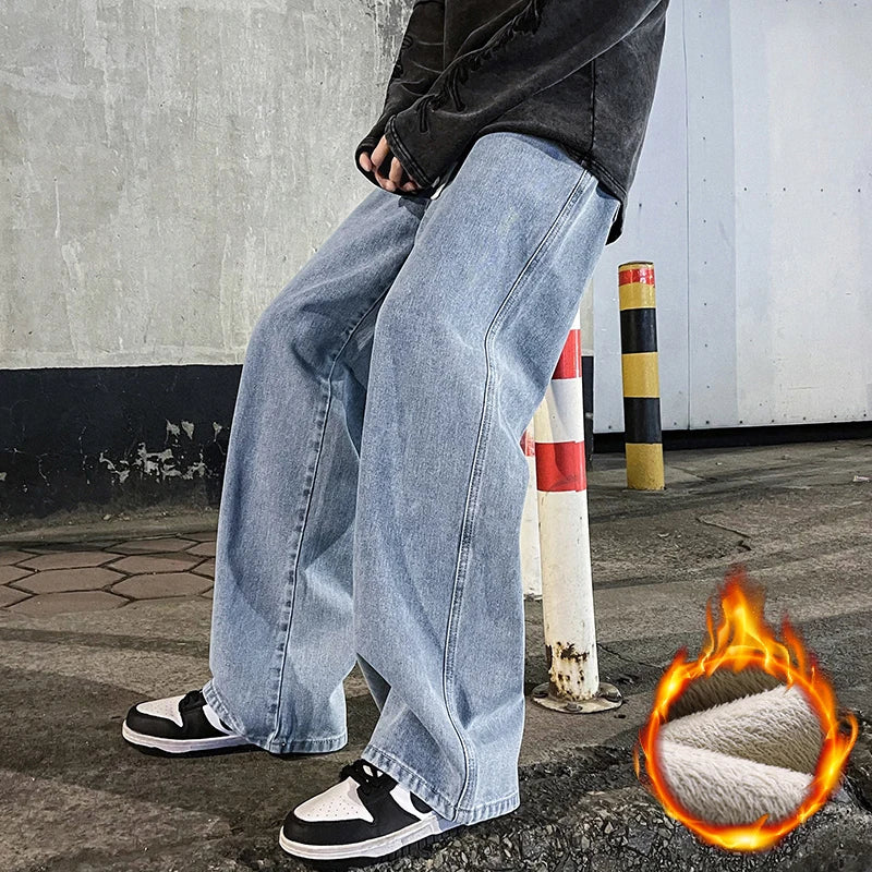 Winter Fleece Men's Baggy Wide Leg Jeans Thicken Warm Fashion Streetwear Oversized Elastic Waist Black Straight Denim Pants Light blue