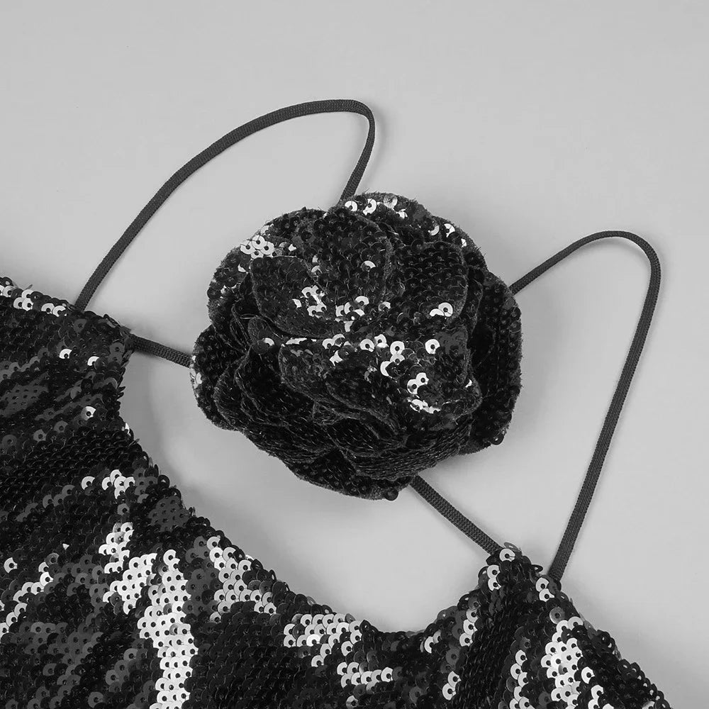 2025 Sexy Women Sequined Long Dress Spaghetti Strap Sleeveless Three-Dimensional Flower Decoration Backless Dress Party Vestidos