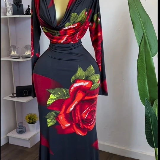 Women Rose Printed Long Sleeve Pile Neck Bodycon Midi Maxi Long Dress 2025 Summer Birthday Vacation Sexy Party Dresses