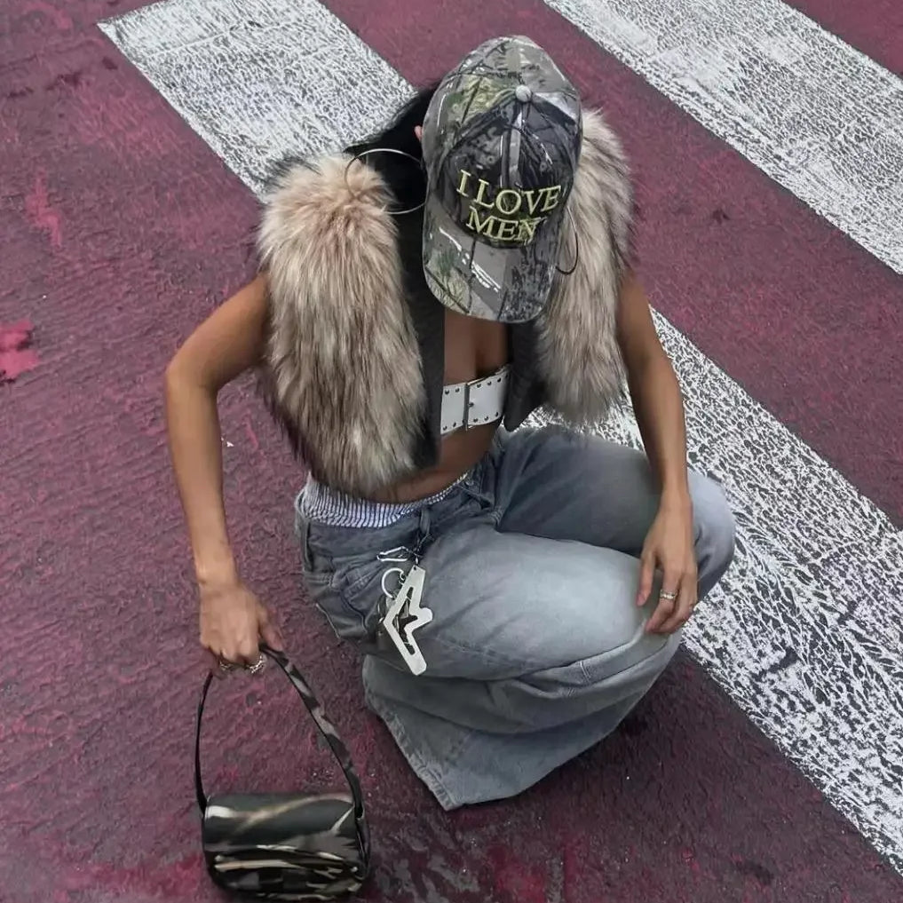 Solid Slimming Fashion Tank for Women V Neck Sleeveless Patchwork Fur Luxurious Top Female Autumn Retro Style New