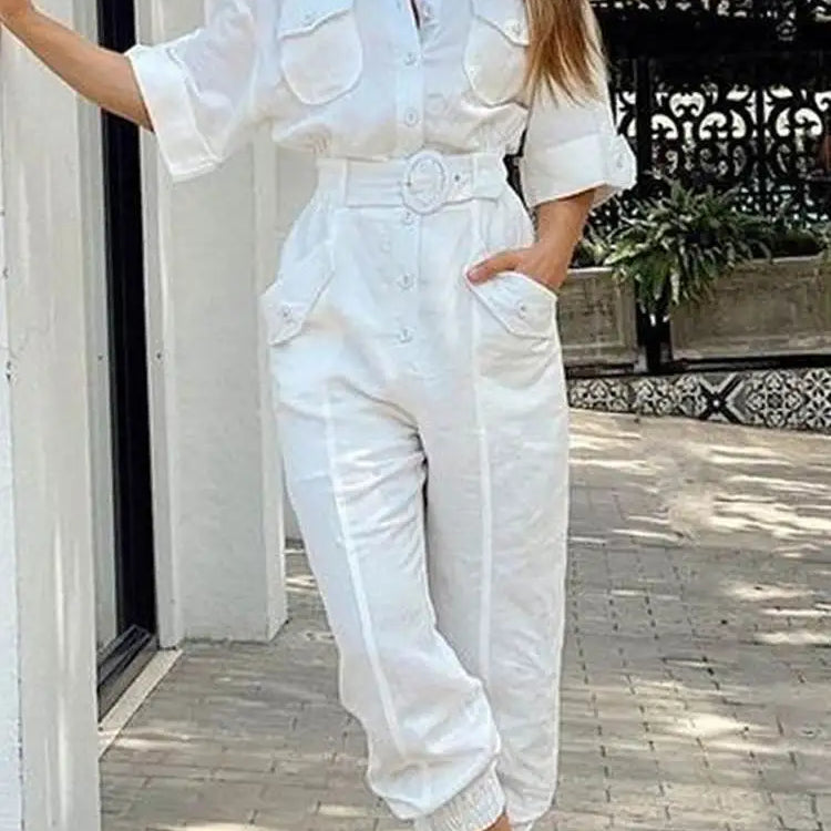 ZANZEA Summer Fashion Work Jumpsuits Woman Lapel Neck Cargo Playsuits Female Elegant OL Party Rompers Loose Pant Oversized 2024 White