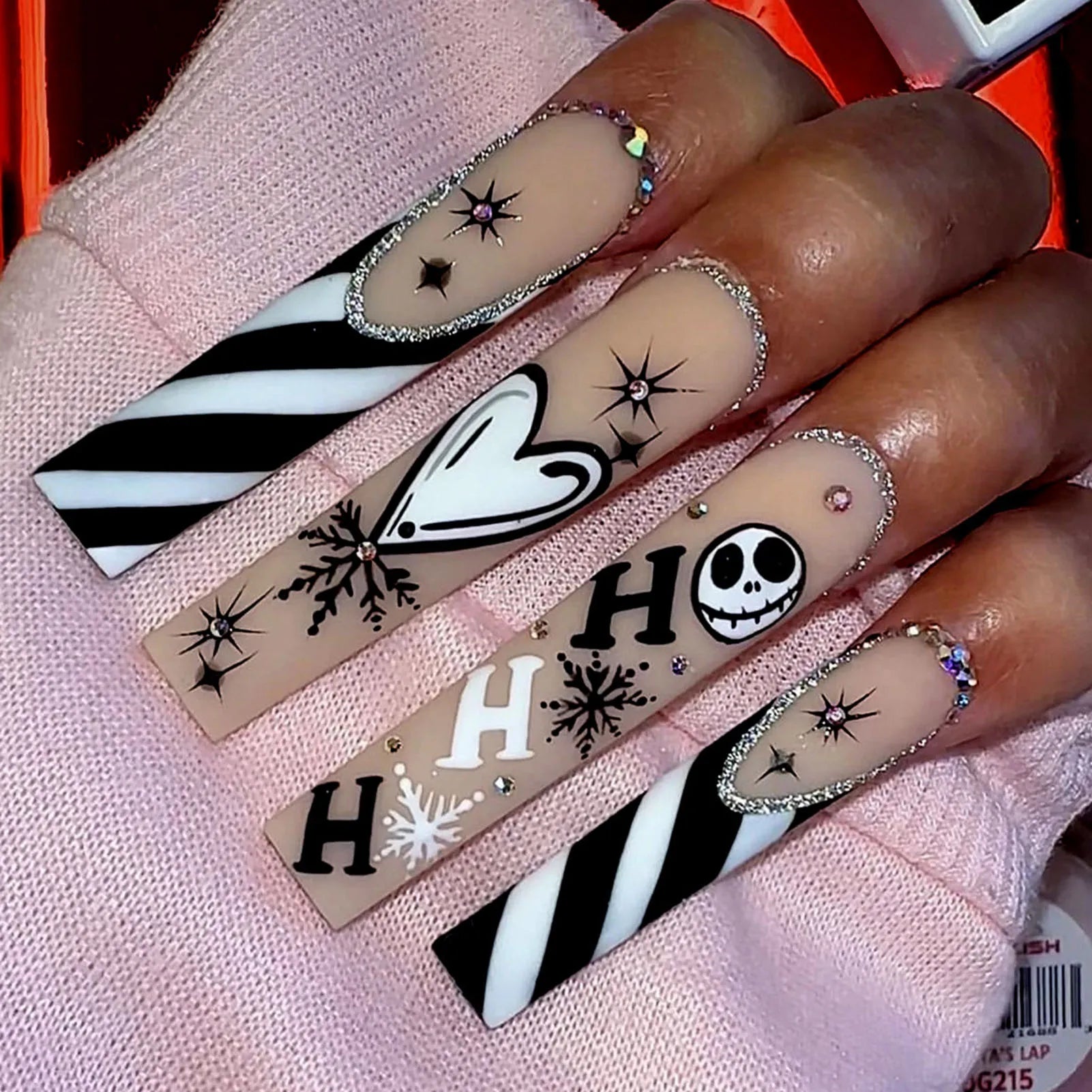 24pcs Scary Blood Skull Fake Nails Long Coffin Ballet Halloween Spider Web Print False Nails Wearable European Press on Nails 5