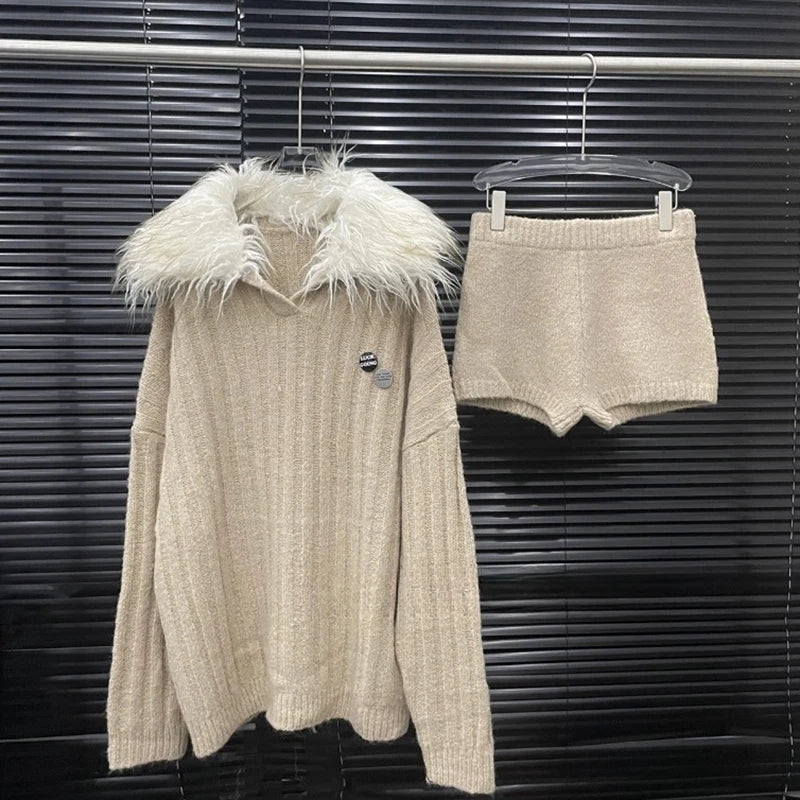 Autumn Winter New Large Fur Collar Knitted Soft Warm Sweater For Women Casual Solid Color Shorts Female 11A07781