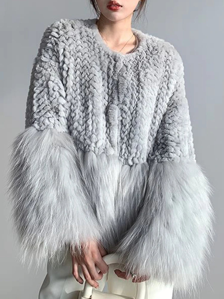 Women Fur Patchwork Imitation Furs Coats Loose Elegant O-neck Solid Cardigan Weave Design Blends Jacket Autumn