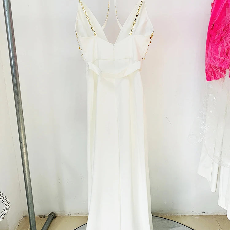 HIGH STREET Newest Fashion Summer 2024 Designer Women Spaghetti Strap Stunning Strass Stone Didmonds Beading Straight Jumpsuit