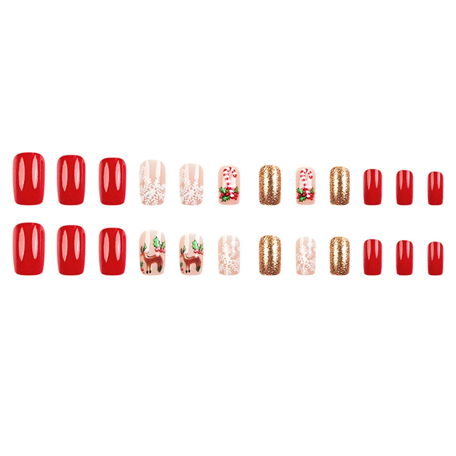 New Year Party Fake Nails Art 24Pcs Red Short Square Press On Nails Deer/Snowflake Printed Christmas False Nails Patches