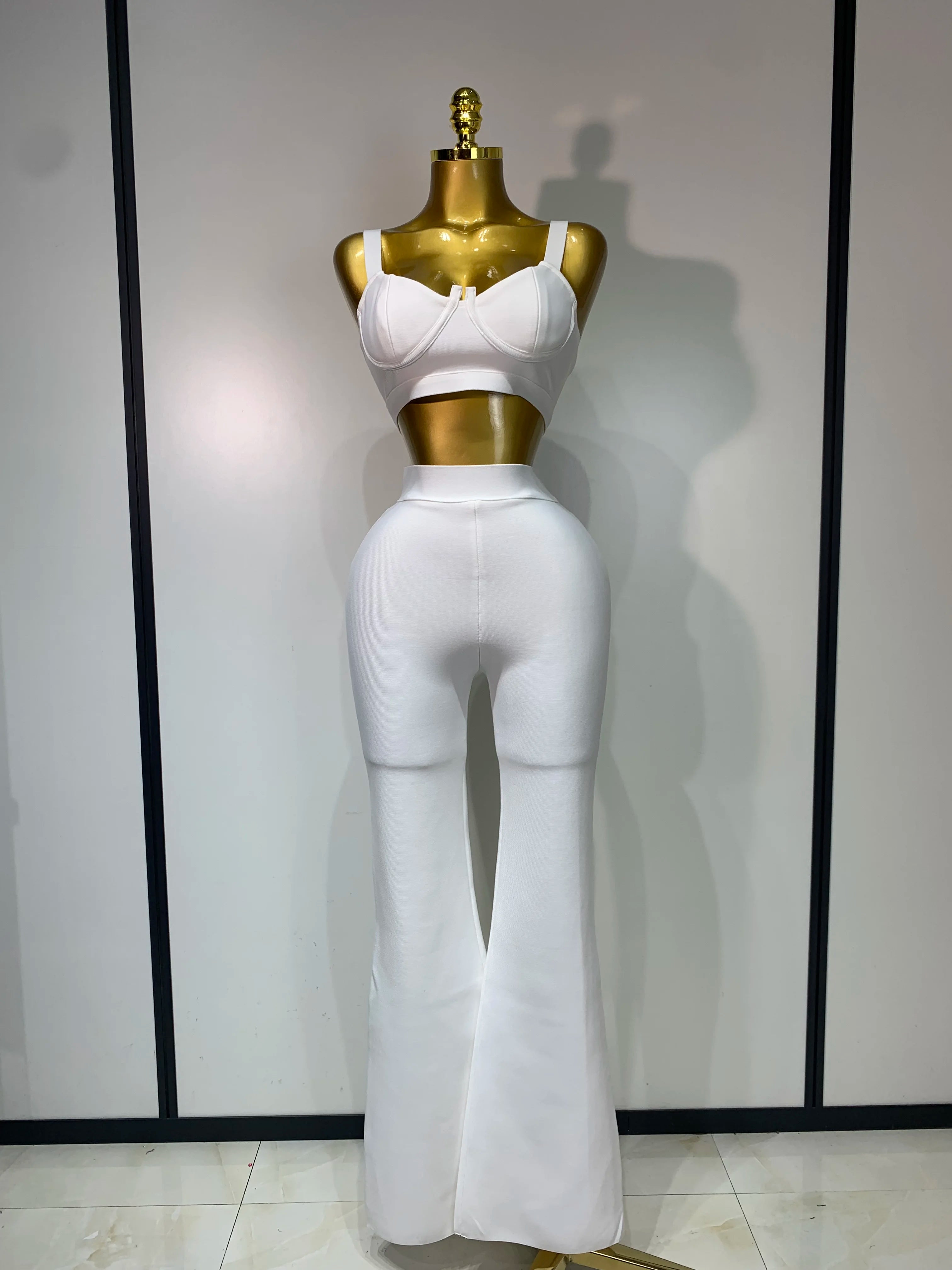 Women Sexy Bandage Crop Top Pant Set Evening Party Club Luxury Birthday High Street Fashion Elegant Luxury Birthday Outfit ﻿ WHITE