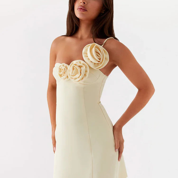 Rose One Shoulder Sexy Mini Dress For Women Robe Summer Solid Off-shoulder Backless A-line Club Party Dress Elegant Yellow