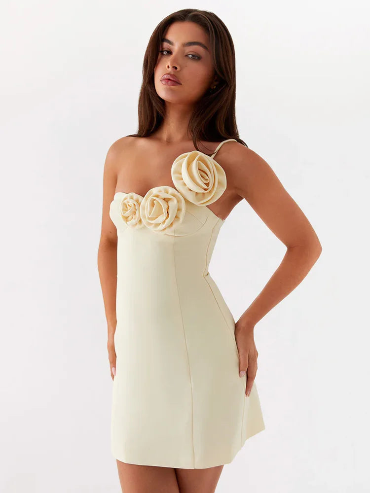 Rose One Shoulder Sexy Mini Dress For Women Robe Summer Solid Off-shoulder Backless A-line Club Party Dress Elegant Yellow