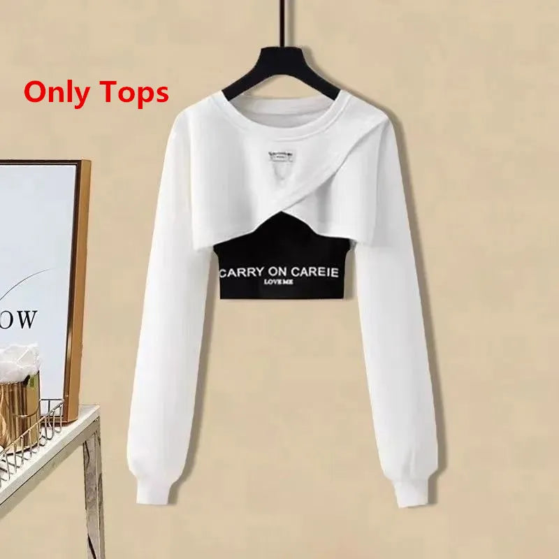 Women's Causal Clothing Korean Fashion Short Sweatshirt Vest Wide Leg Pants 3 Piece Set 2024 Spring Autumn Sports Outfits Female Only White Tops