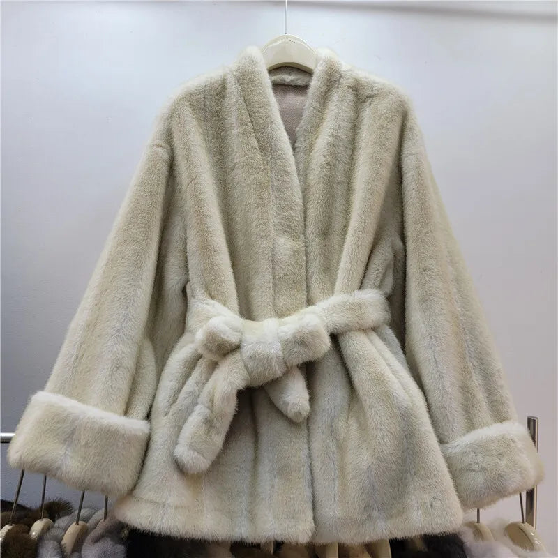 Autumn Winter New Fashion Style Faux Mink Fur Belted Coat For Women High Quality Soft Lace-up Waist Jacket 11A07840 Apricot One Size