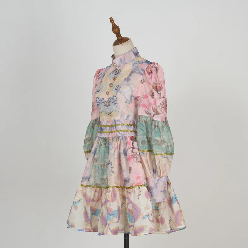 Fall Real Shot Spot Customized New Product Vintage Court Style Small Stand Collar Bubble Sleeve Waist-Tight Dress