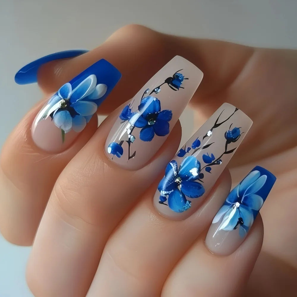 24pcs/set Medium long fake nails Gradient blue ocean fish sun flowers butterfly square ballet summer tips press on false nail 2368
