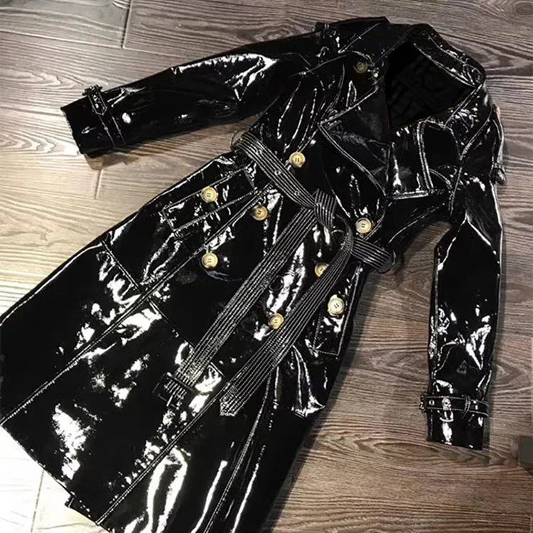 Autumn Long Shiny Reflective Patent Faux Leather Trench Coat for Women Sashes Double Breasted Runway European Fashion Black