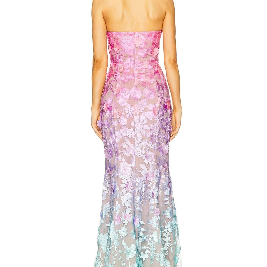 Colorblock Spliced Appliques Elegant Dresses for Women Strapless Sleeveless Gradient Dress Female Fashion Clothing