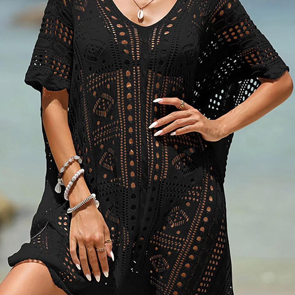Sexy Knitted Hollow Out Beach Cover Up Midi Dress for Women Solid Sheer Mesh Tunic Ladies Outfits 2023 Summer Bikini Cover-ups Black One Size