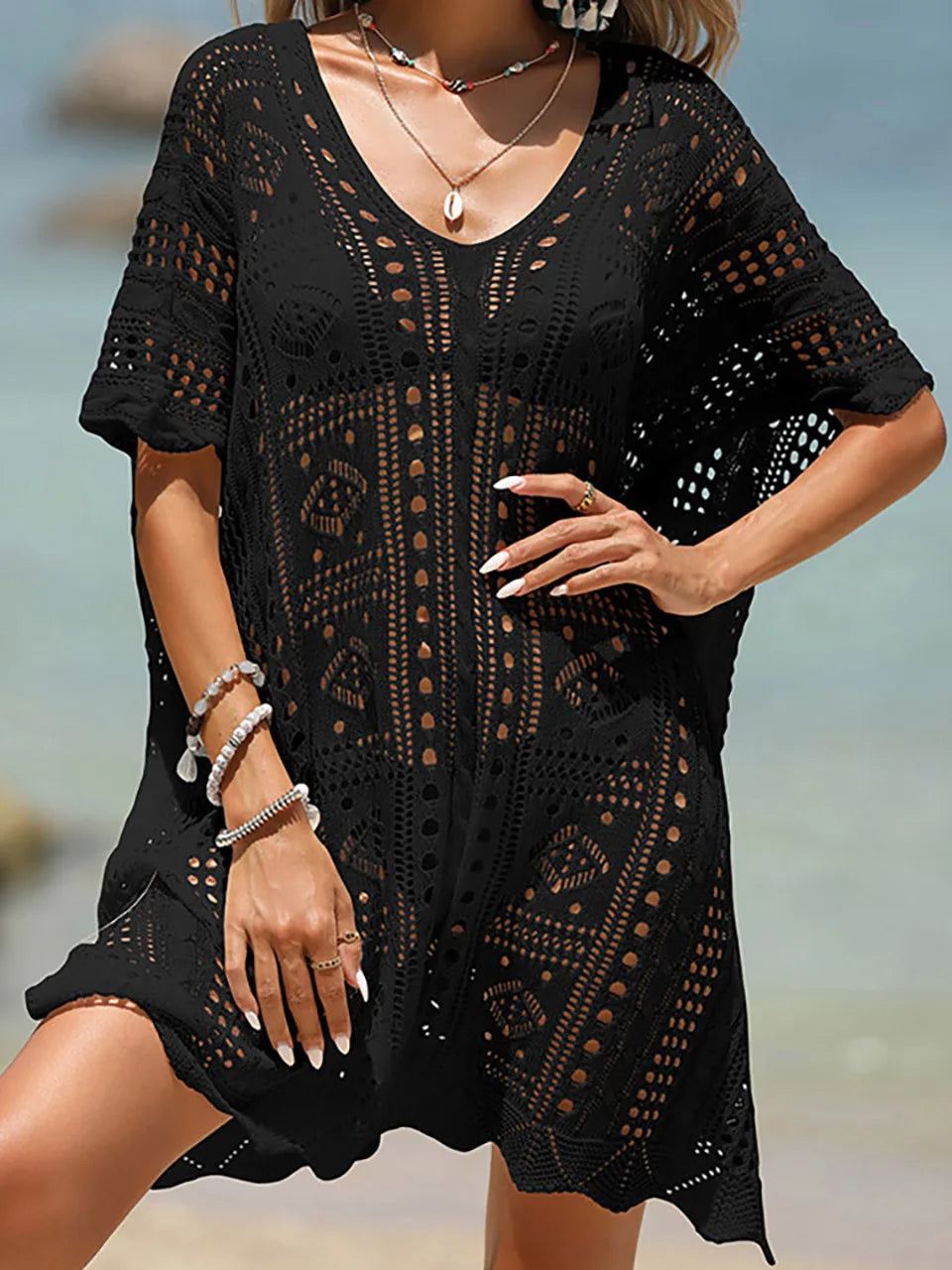 Sexy Knitted Hollow Out Beach Cover Up Midi Dress for Women Solid Sheer Mesh Tunic Ladies Outfits 2023 Summer Bikini Cover-ups Black One Size