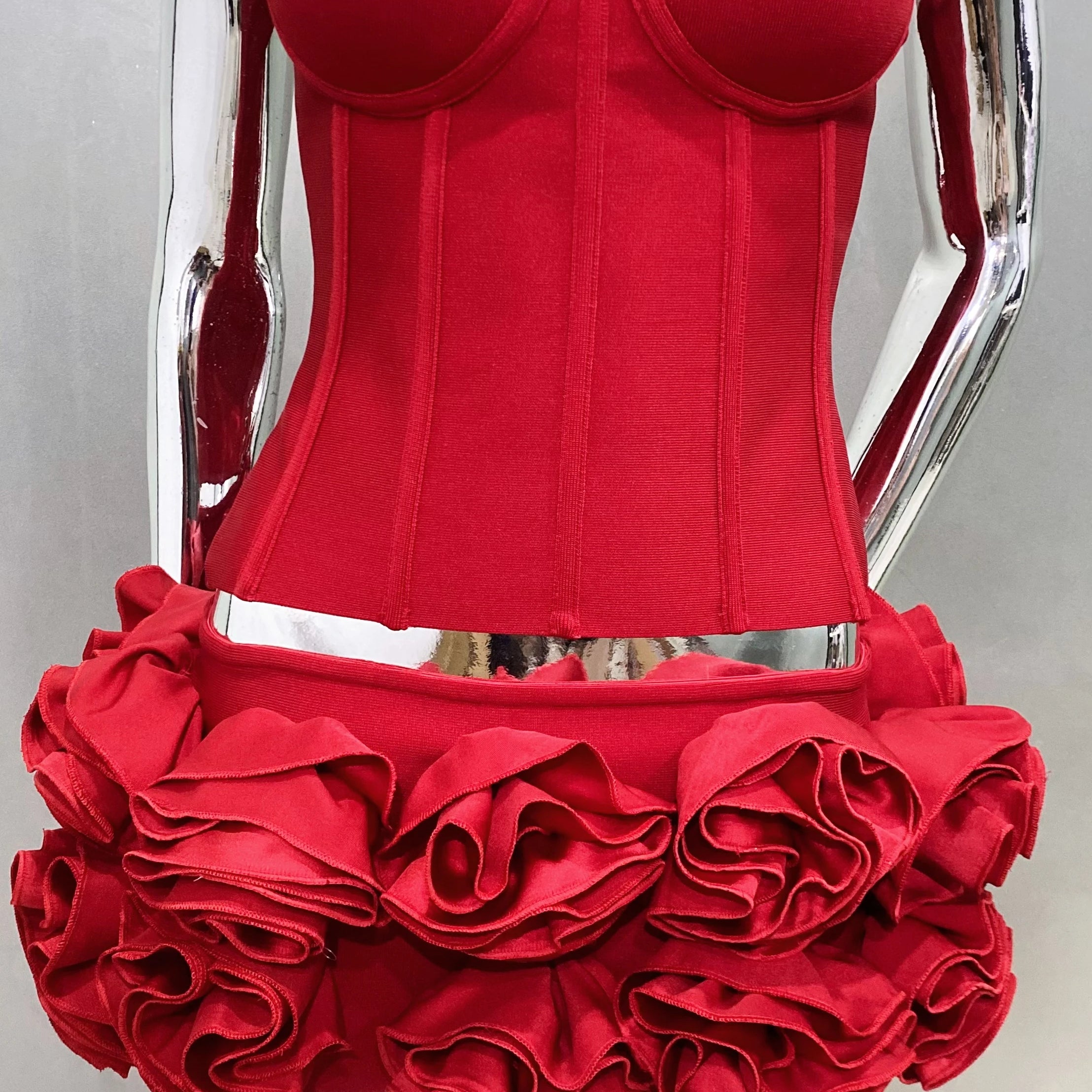 2024 Red color Back Lacing Body shaping Strapless Top And Stereoscopic Flowers Mini Skirt 2 pieces Woman Birthday Party Dress Dark red