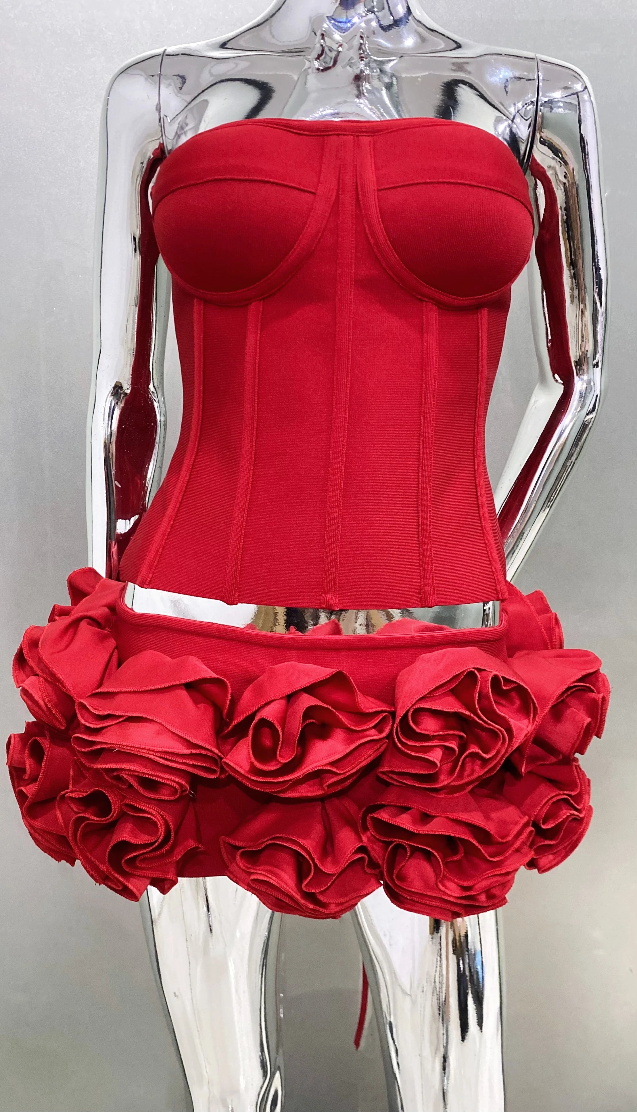 2024 Red color Back Lacing Body shaping Strapless Top And Stereoscopic Flowers Mini Skirt 2 pieces Woman Birthday Party Dress Dark red