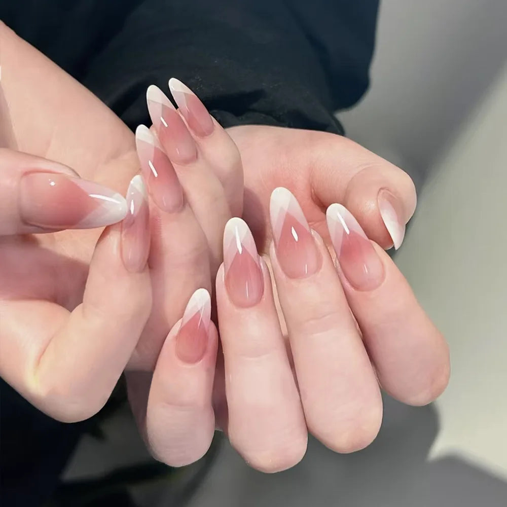 24pcs French Almond Fake Nail Sweet Pink White Gradient False Nail Tips for Lady Women Wearable Ins Simple Korean Press on Nails style 1