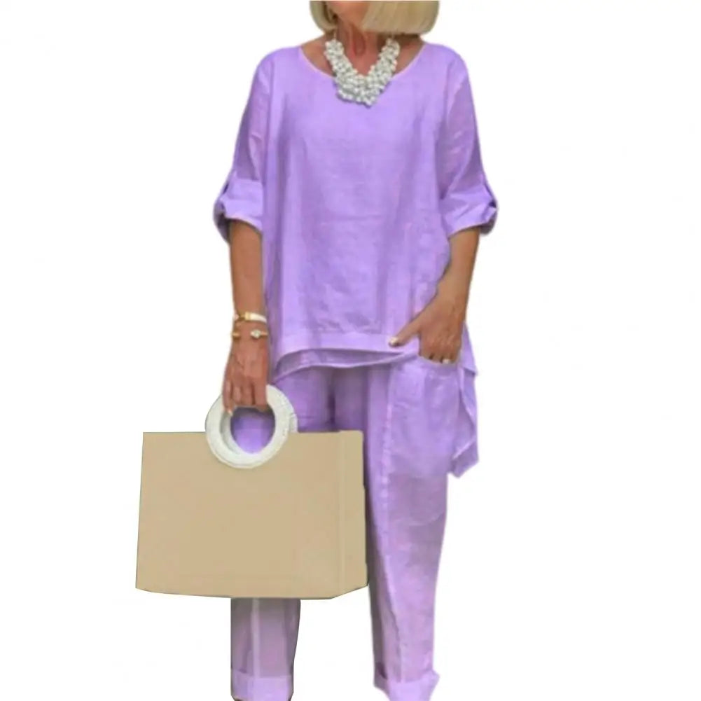 Women Casual Two Pieces Set Summer Fashion Half Sleeve O-Neck Loose Suit Female Vintage Pocket Top Long Pants Solid Outfit Light Purple