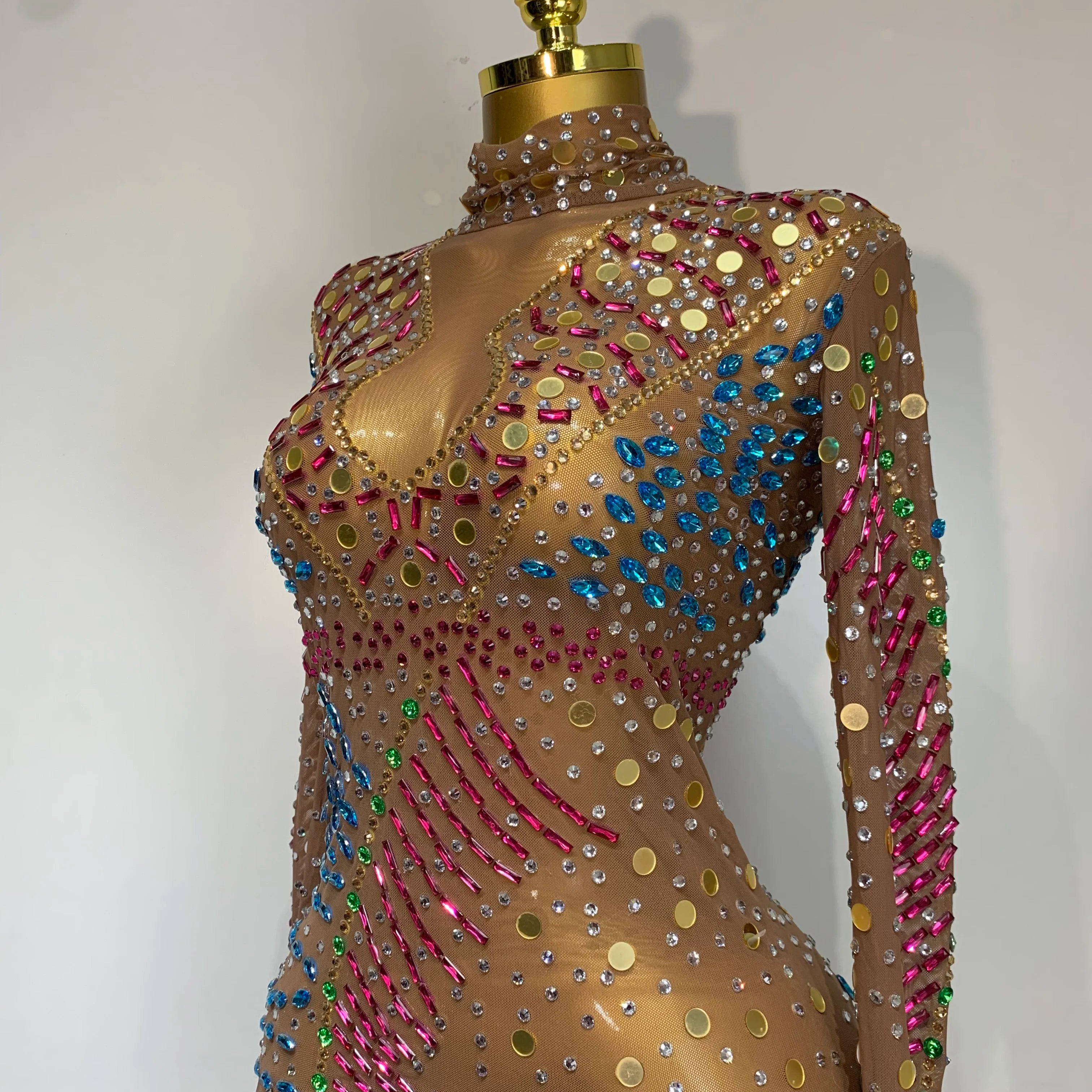 Women Sparkly Rhinestone See Through Elastic Mesh Women Long Dress Evening Prom Birthday Party Wear Club Performance Costume