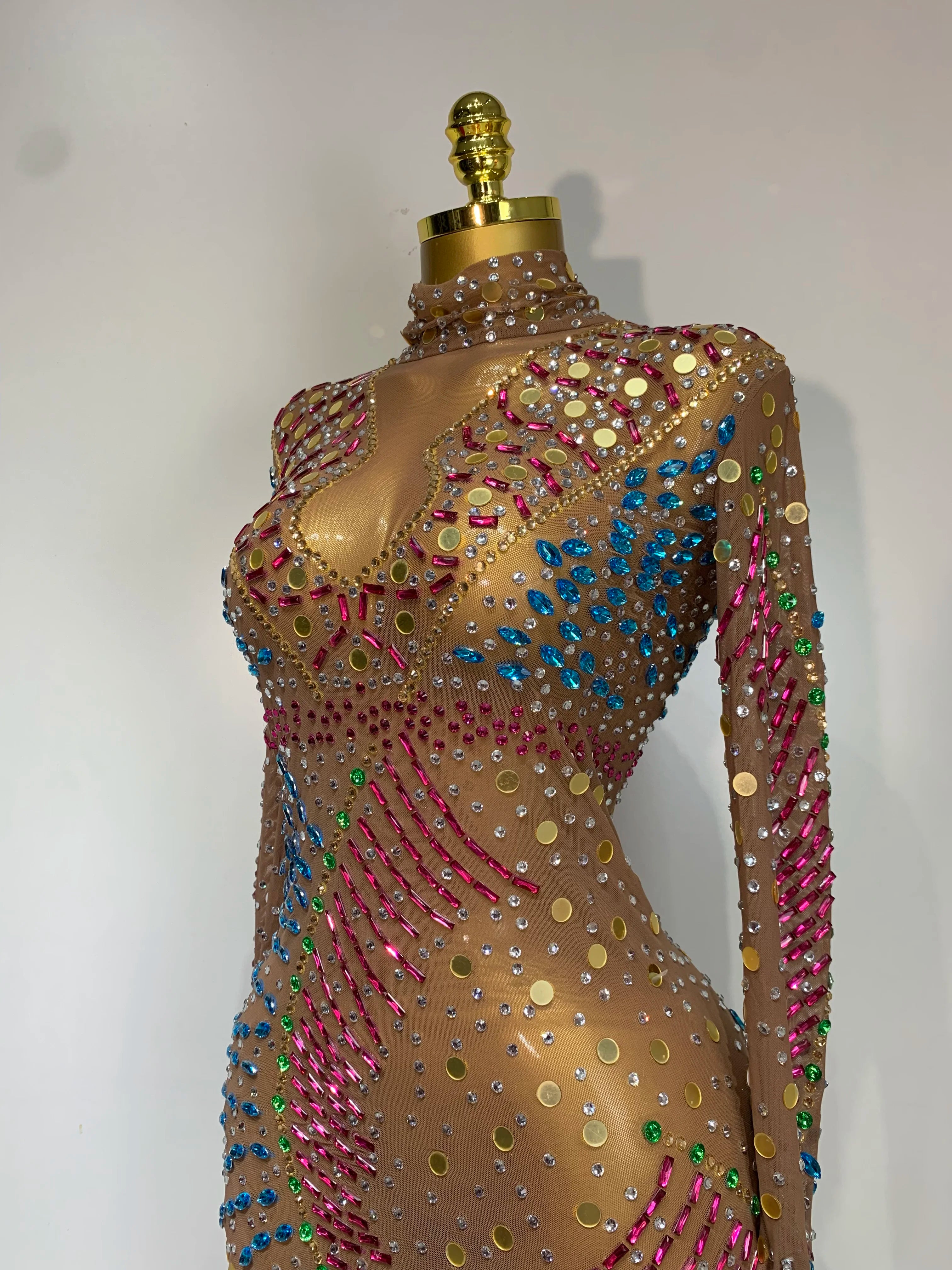 Women Sparkly Rhinestone See Through Elastic Mesh Women Long Dress Evening Prom Birthday Party Wear Club Performance Costume