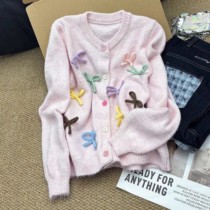 Autumn Winter New Sweet Bowknot Knitted Cardigan For Women Versatile Single-breasted Sweater Coat Trendy 11A07914 Pink One Size
