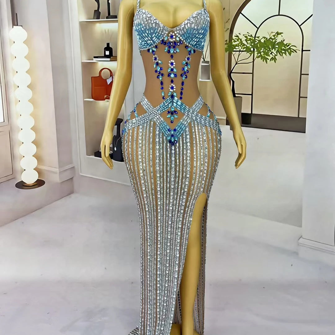 High-end Sexy Evening Gown for Women Sparkly Crystals High Side Slits Elegant Dress Birthday Prom Ball Luxury Strap Dress Jingyu