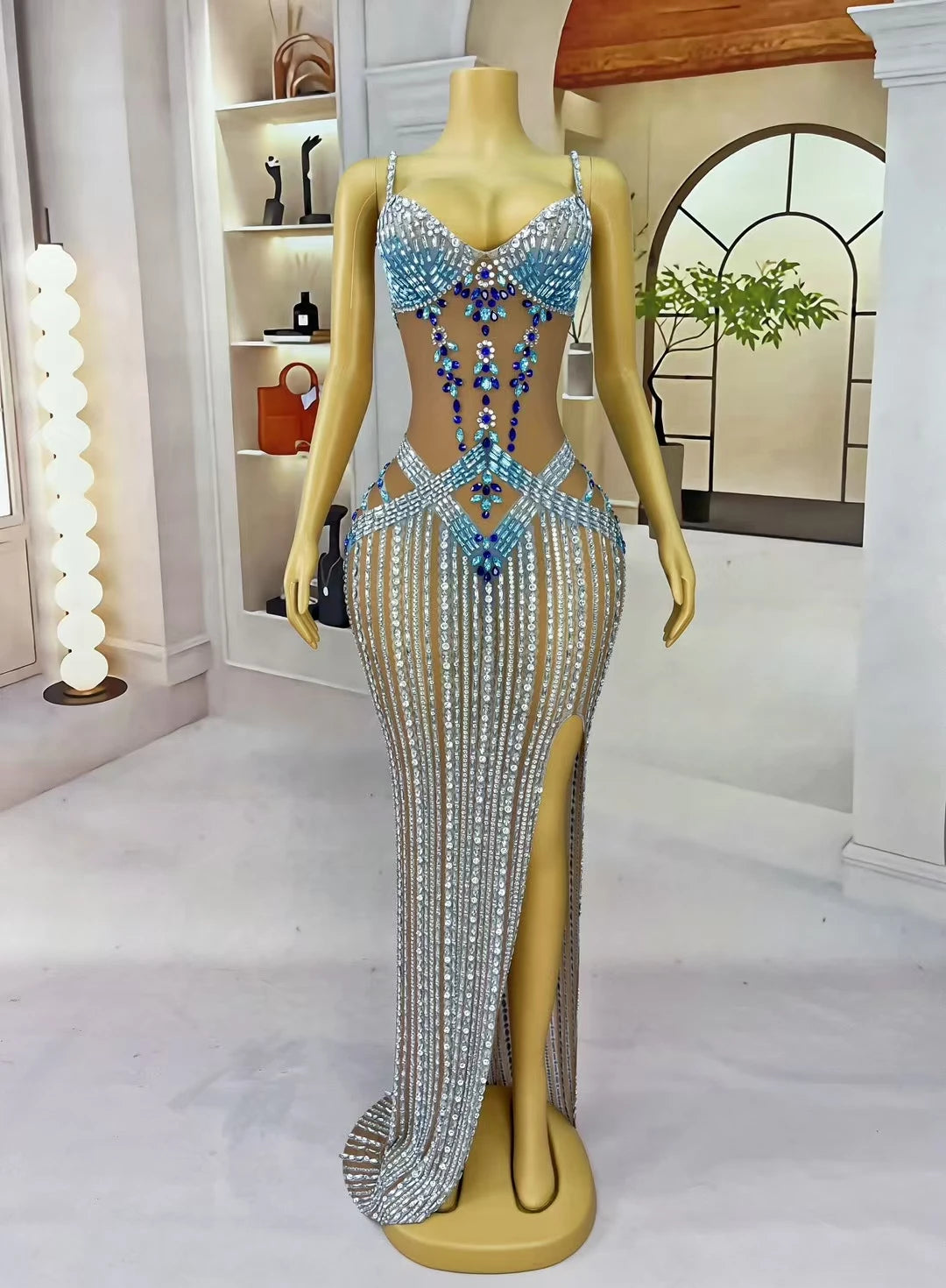 High-end Sexy Evening Gown for Women Sparkly Crystals High Side Slits Elegant Dress Birthday Prom Ball Luxury Strap Dress Jingyu
