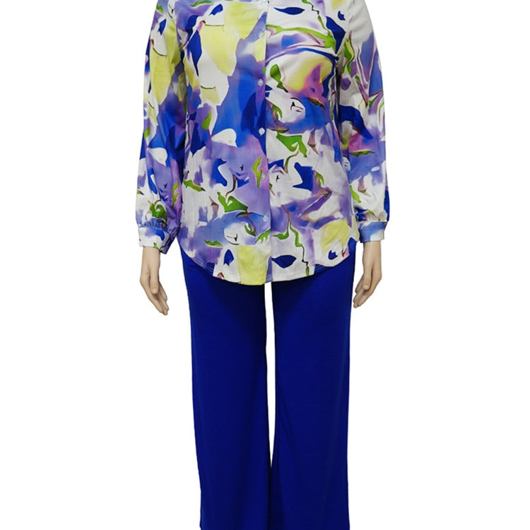 Plus Size Two Piece Set Women Print Shirts Tops and Pants Pockets Wide Leg Fall Fashion Matching Suit
