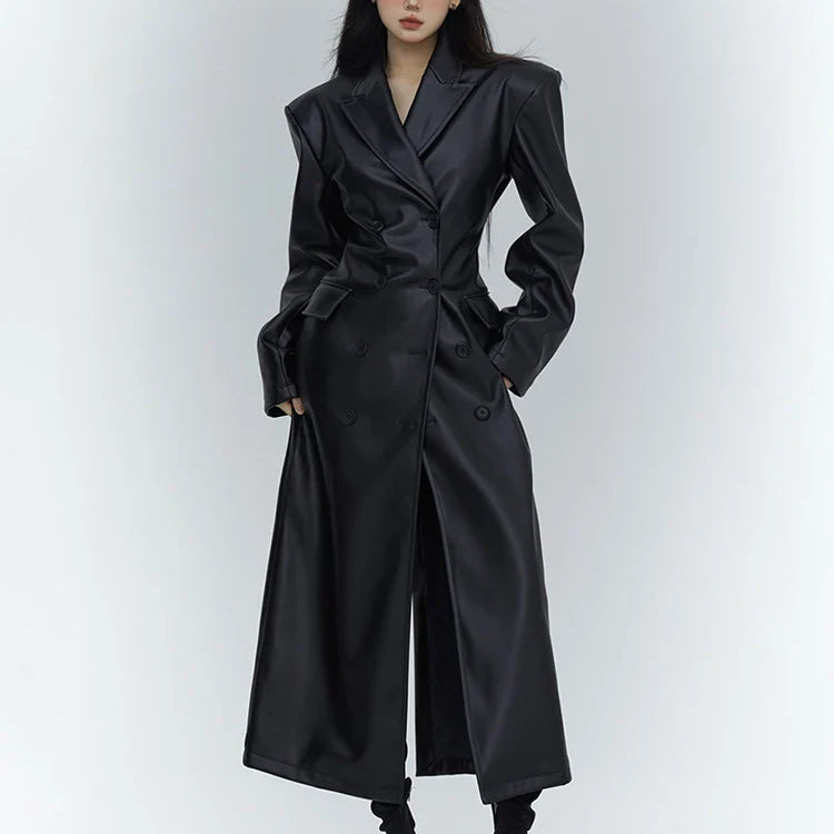 Spring Autumn Long Black Fitted Soft Pu Leather Trench Coat for Women with Shoulder Pads Luxury Designer Clothing 2023