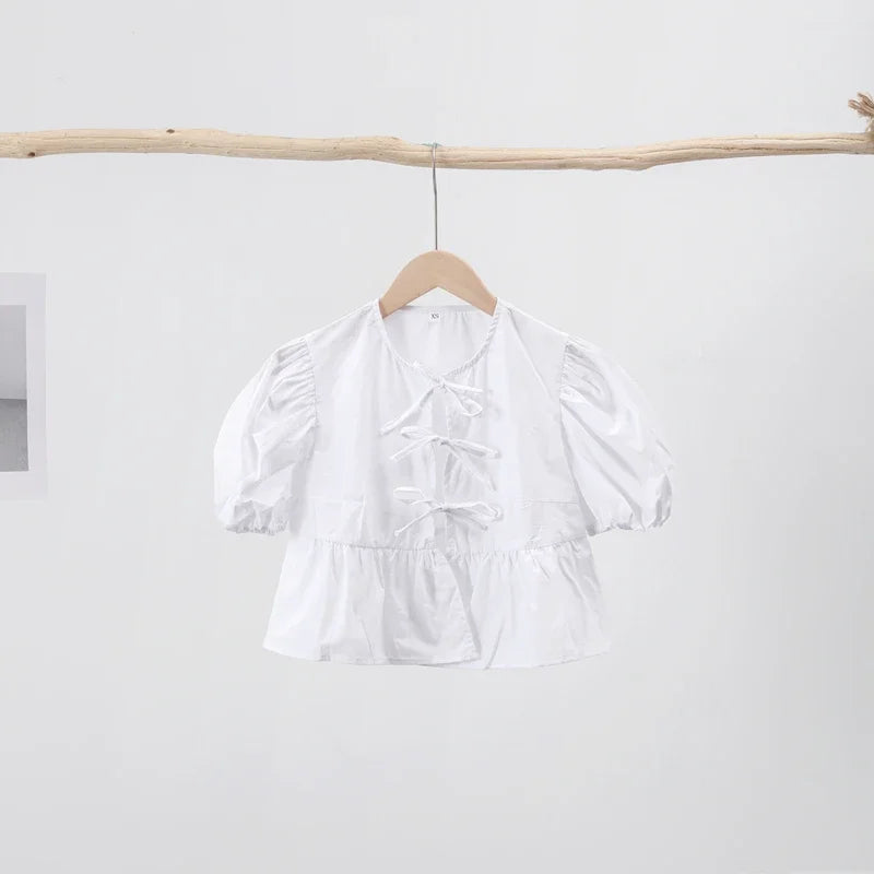 Duomofu Leopard Bow Lace Up Women Shirts Blouses Loose Y2K Puff Sleeve Pleat Shirt Top Summer New Cropped Lady Streetwear White