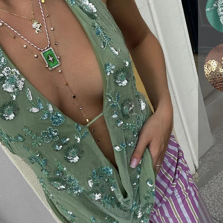 Sexy Shiny Glitter Halter Women's Vestido New Summer Sleeveless Open Back Mini Dresses Fashion Women Evening Party Clubwear 2025 Beige